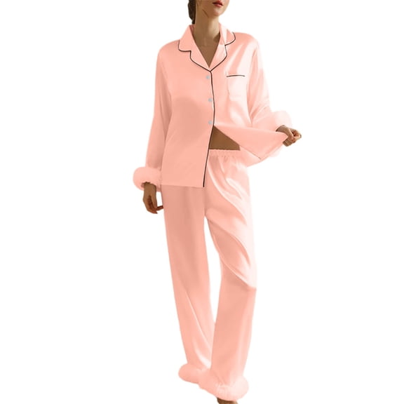 Womens Pajamas Fuzzy Feather Trim Long Sleeve Button-Down Tops Pants 2 Piece Women Lounge Sets Womens Sleepwear