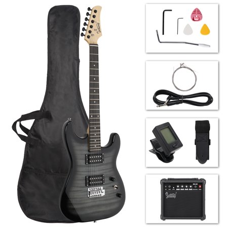 GST Stylish H-H Pickup Tiger Stripe Electric Guitar Kit with 20W AMP Bag Guitar Strap Black