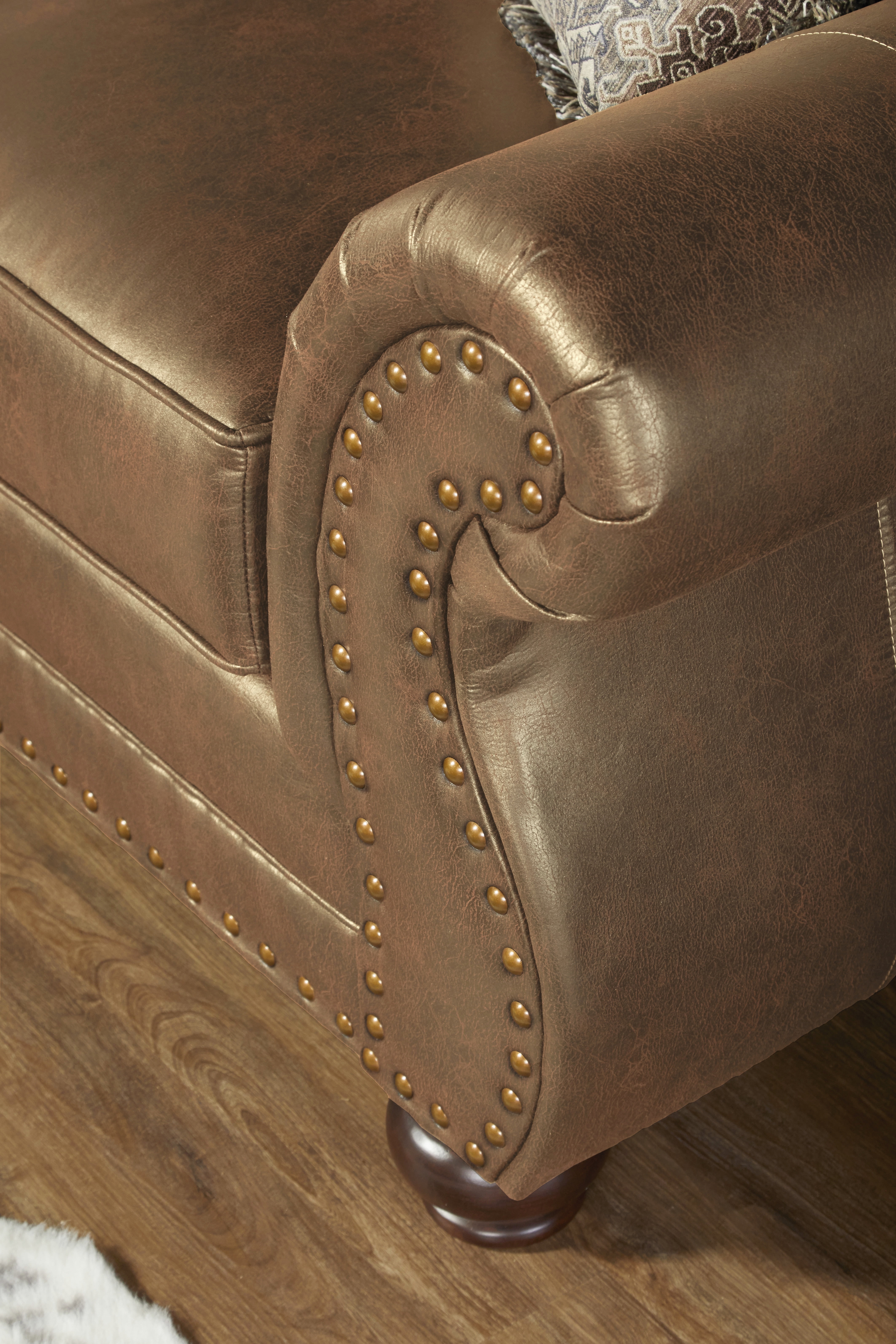 Leinster Faux Leather Loveseat with Antique Bronze Nailheads in Jetson Ginger