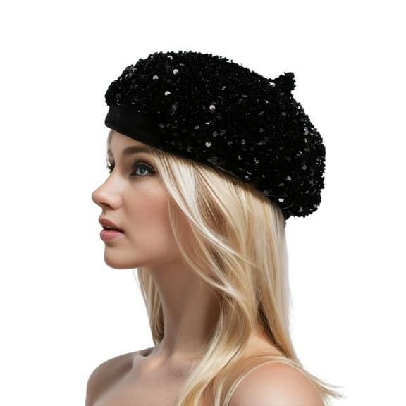 SWSMCLT Women's Hat Fall Beret Mardi Gras Hat Party Sequin Fashion Spring Las Vegas Disco Cap Metallic Stretch Black One Size