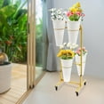 thumbnail image 7 of YIYIBYUS Flower Display Stand with Wheels, 2 Layers Plant Cart with 6PCS Buckets, Heavy Duty Moving Flower Rack for Indoor, Outdoor Patio Garden, Living Room, Florist (White Buckets), 7 of 7
