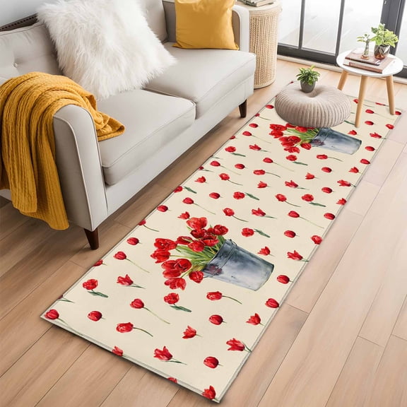 Red Tulip Flowers 2'x6' Runner Rugs for Hallway Kitchen Bedside Non Slip, Spring Floral Vintage Drum Country Yellow Entryway Rug Runners with Rubber Backing, Long Carpet Runner for Laundry Room