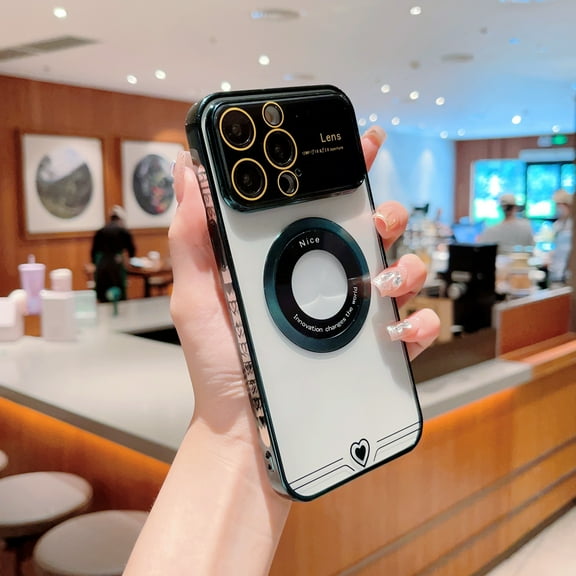 Mantto for iPhone 15 Pro Max Magnetic Case with Big Window Glass Camera Lens Protector,Luxury Electroplated Heart Pattern Transparent Anti-yellowing Slim Phone Case Compatible with Magsafe,Darkgreen