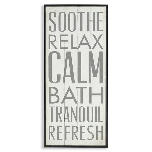 Stupell Industries Soothe Calm Relax Bath Bathroom Typography Painting Black Framed Art Print Wall Art, 10 x 24