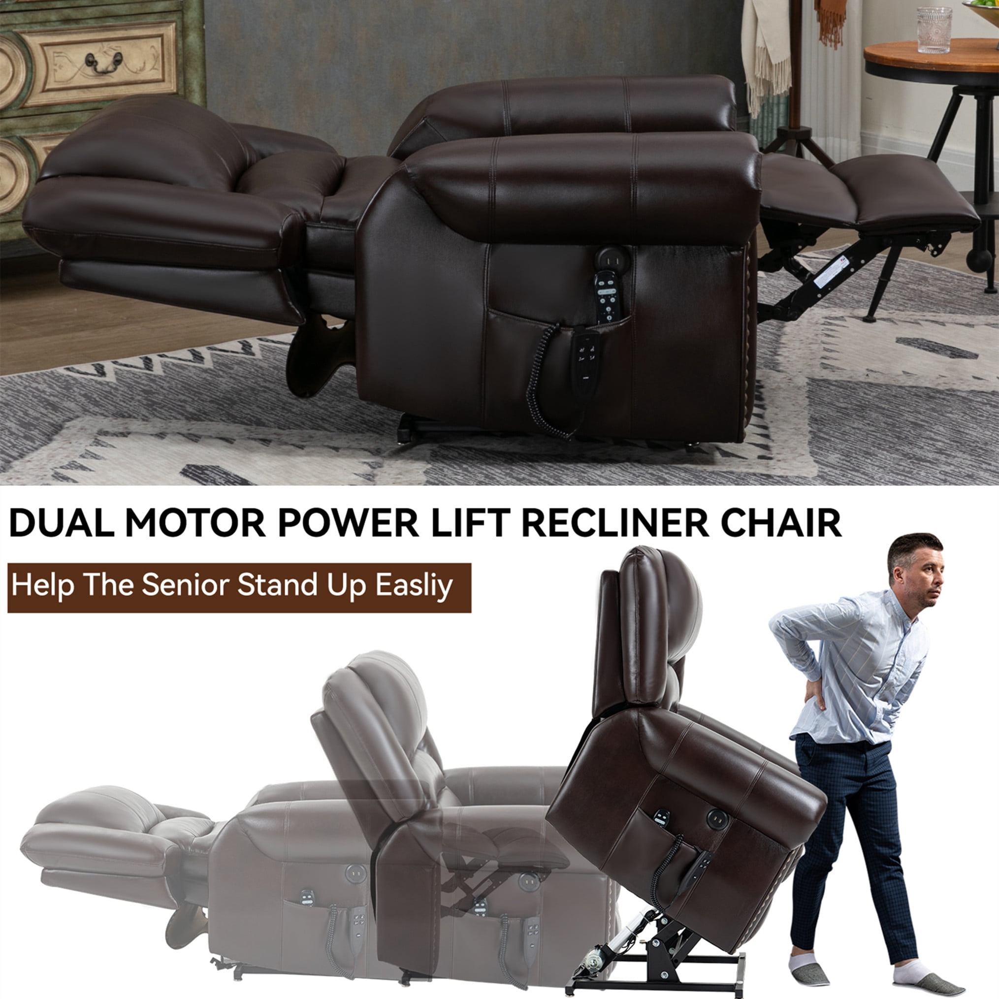 Aukfa Dual Motor Power Lift Recliner Chair Sleeper Sofa with Massage and Heat for Big Elderly People, Infinite Position, 2 USB Ports, Brown