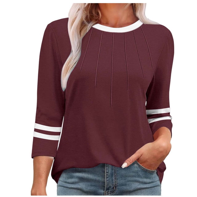 Olyvenn Chemises pour Femmes à Manches 3/4 Été à Blocs de Couleur Plissées Hauts Décontractés Amples Décontractés Col Ras du Cou Tenues Mode Vêtements Bourgogne P