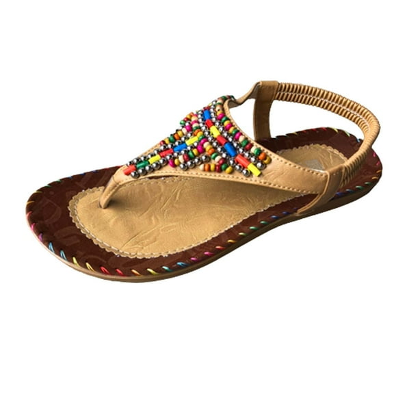 qolati Dressy Sandals for Women Flats Shoes with Elastic Ankle Strap Comfortable Bohemian Flat Shoes Casual Summer T-strap Thong Beach Walking Shoes