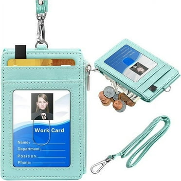Badge Holder with Zipper, PU Leather ID Badge Card Holder Wallet with 5 Card Slots, 1 Side RFID Blocking Pocket and 20 inch Neck Lanyard Strap for Offices ID, School ID, Driver Licence (Mint)