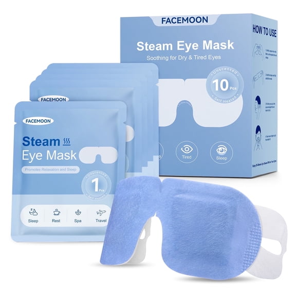 FACEMOON Non-Woven Steam Eye Mask – 10 Pack, Heated Warm Compress Relieves Eye Fatigue | For Better Sleep & Relaxation | Blue
