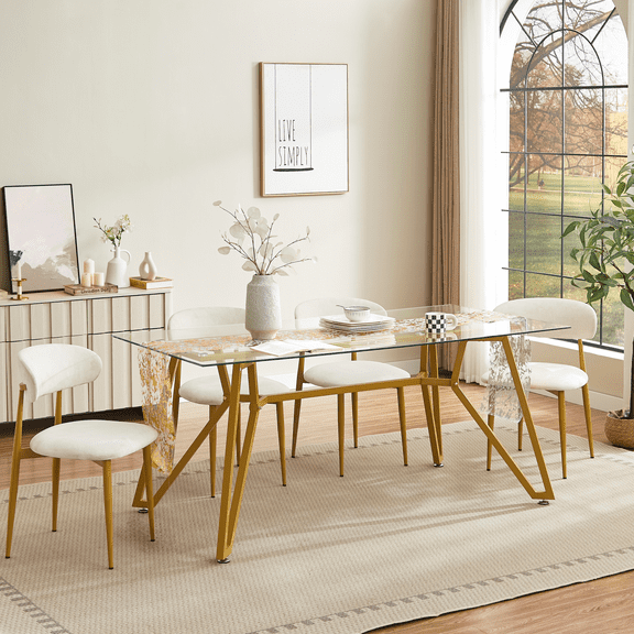 Lisonu 70.9-inch Modern Rectangular Glass Dining Table, Kitchen Table with Sturdy Gold Metal Legs, Seats 1-6 People for Dining Room, Living Room or Office Use