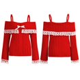 thumbnail image 1 of Chandails à Épaules Dénudées pour Femmes à Manches Longues en Tricot à Dentelle Contrastée, Pulls à Nœud devant, Hauts, 1 of 7