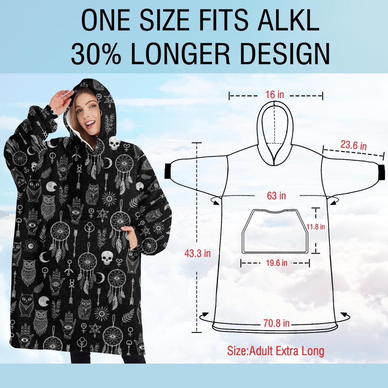 Oversized Wearable Blanket Hoodie,Black White Gothic Dreamcatcher Owl Skull Pattern Sherpa Blanket Hoodie with Super Pockets,Super Warm Fuzzy Pullover for Women & Men