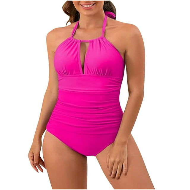 Ersazi Bathing Suit for Women Women's Solid Color Swimwear Slim Swimsuit Bikini Straped Swimsuits in Clearance Plus Size Swimsuits for Curvy Women Hot Pink M