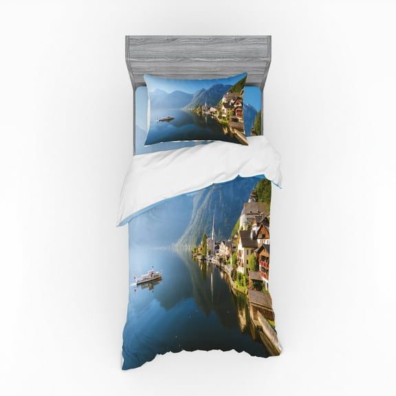 Landscape Duvet Cover Set, Hallstatt Lakeside Town of Traditional in Ship in the Morning Austrian Panorama, Bedding Set with Shams and Fitted Sheet, 3 Sizes, by Ambesonne