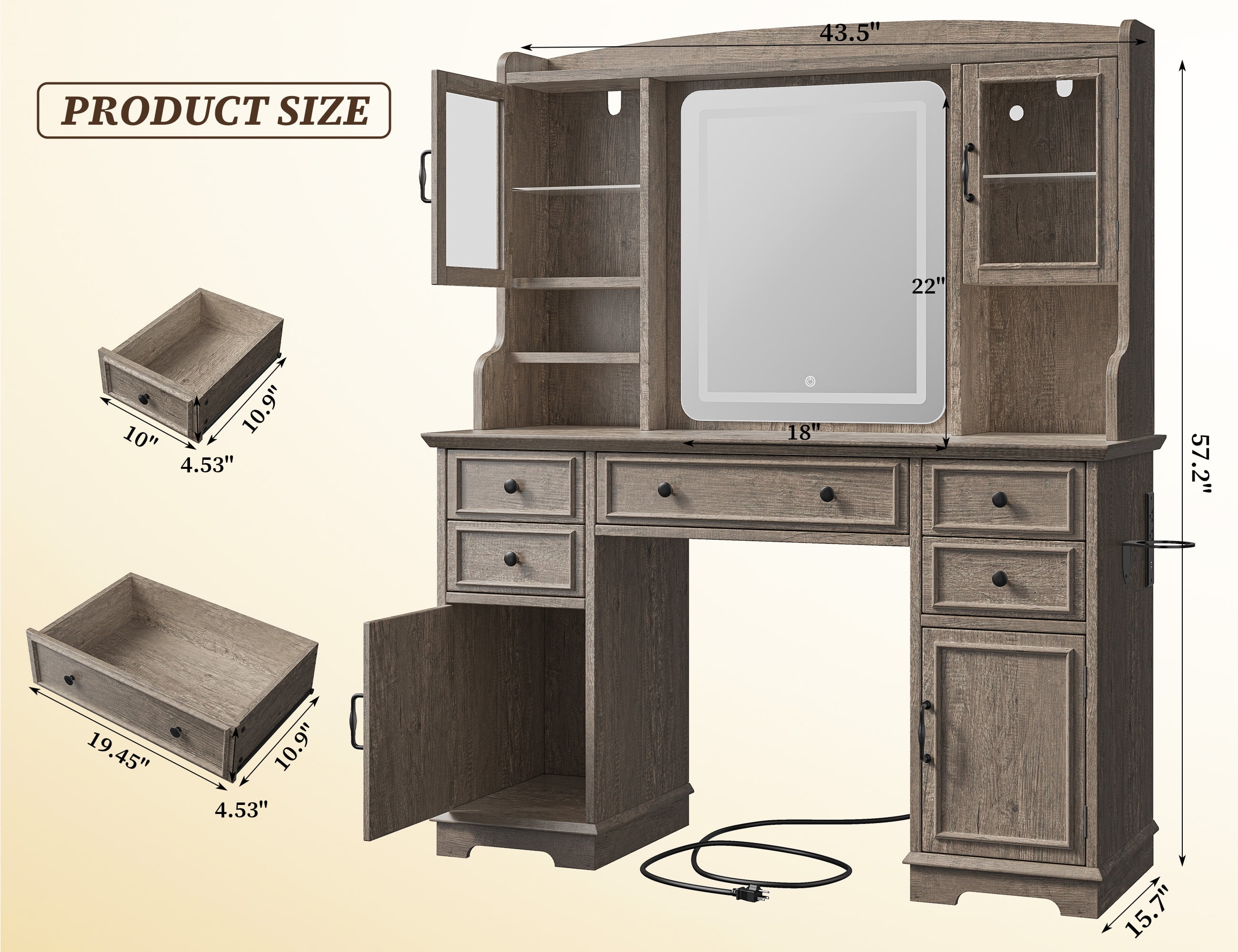 Romorgniz Large Vanity Desk with Mirror and Lights Girls Vanity with Power Outlet Makeup Vanity Table with Hair Dryer Rack, Dark Oak