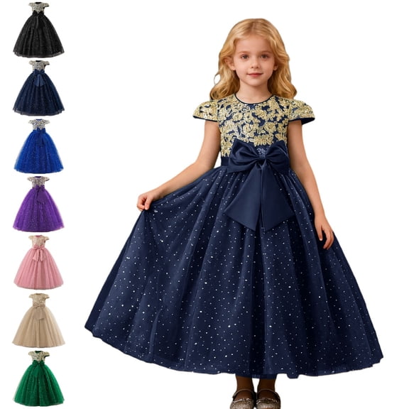 Bmisegm Girls Dress Short Cap Sleeve Embroidered Bodice Big Bow Floor Length A Line Party Gown Carnival Formal Outfit Dresses for Girls 10-11 Years