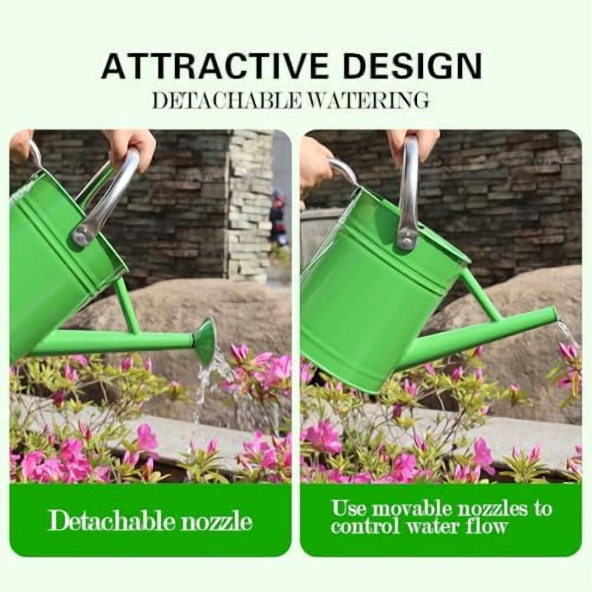 Metal Watering Can, One Gallon Watering Cans Stainless Steel for Outdoor Indoor Garden Plants Watering (Stainless Steel Handle Green)