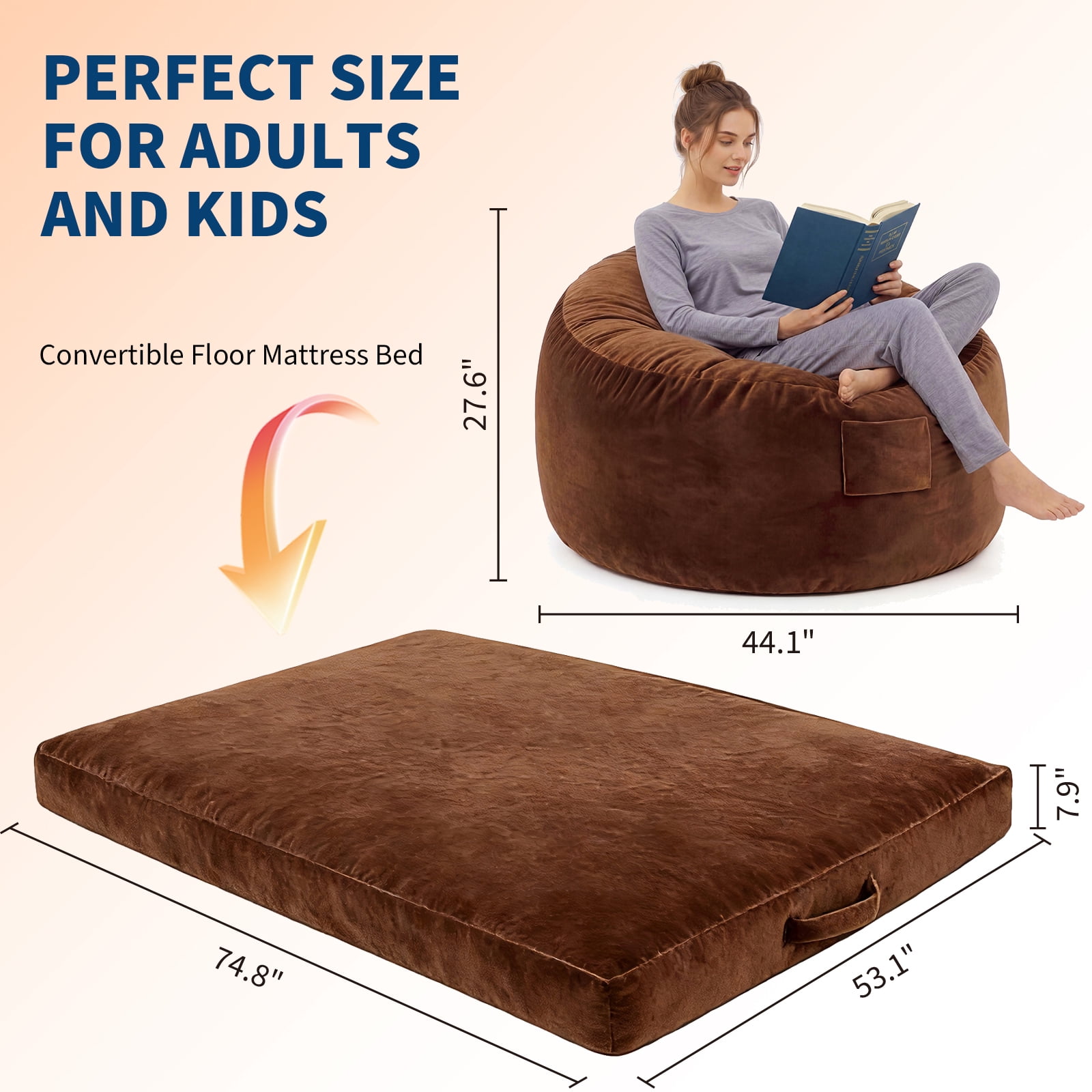 4 in 1 Convertible Bean Bag Chair Bed for Adults 4ft Large Beanbag Chair with High Memory Foam Filler and Removable Cover, Oversized Comfy Flannel Bean Bag Couch Bed Lazy Sofa for Adults Teen