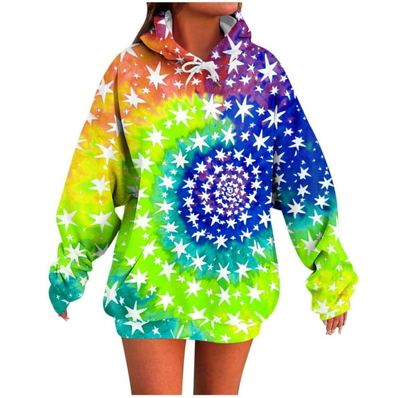 QQAMB Women's Sweatshirts Tie Dye Printed Drawstring Fall Trendy Long Sleeve Hoodies Sweatshirts with Pocket Dark Blue XL