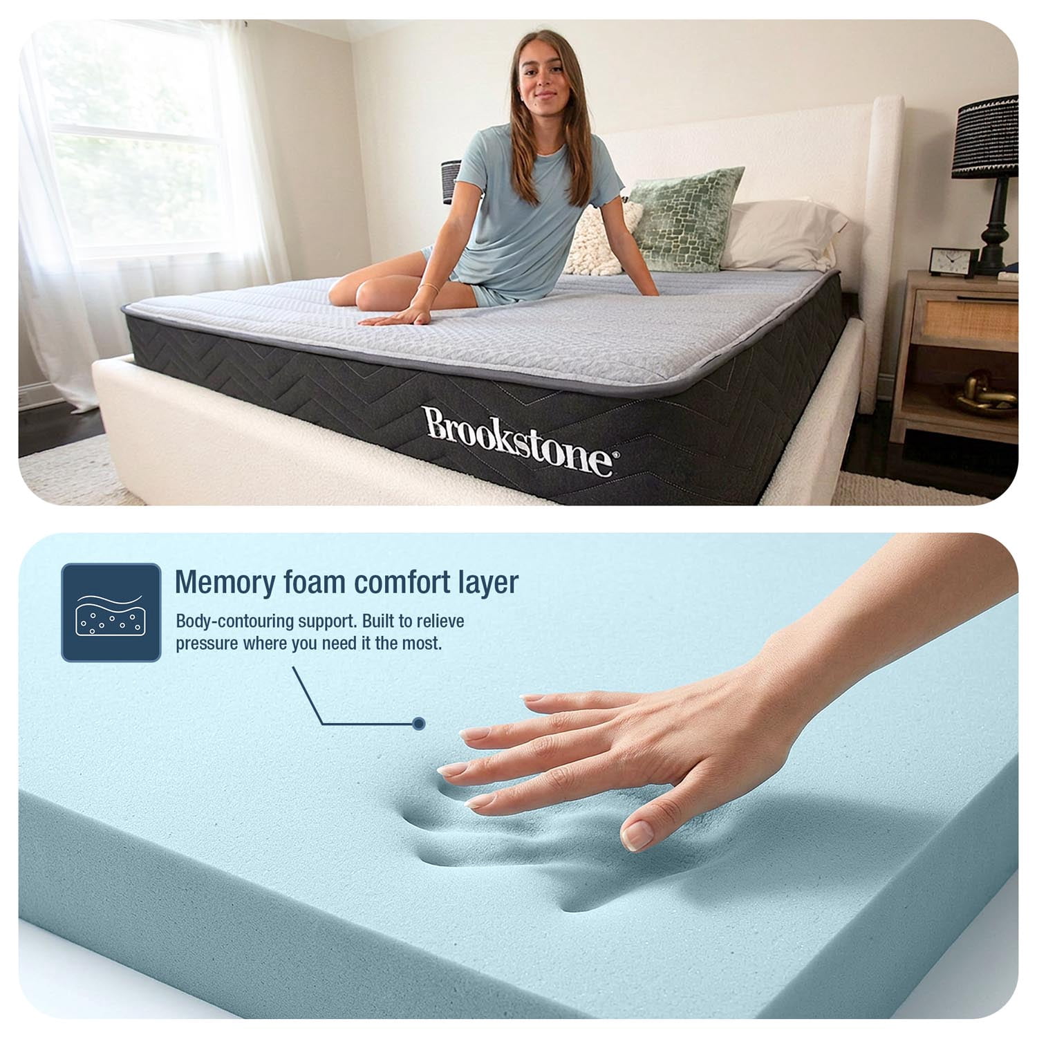 Brookstone 10" Lumbar Relief Hybrid Mattress, Queen, Medium Firm, Zoned Lumbar Support, Breathable Cooling Cover, Fiberglass Free, Mattress in a Box
