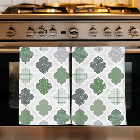 Green Geometric Kitchen Towels Set of 2, Vintage Moroccan Rhombic Bohemia Gray Absorbent Dish Towels for Kitchen, Microfiber Hand Towel, Quick Drying Tea Towel for Cleaning Decorative Dishcloths