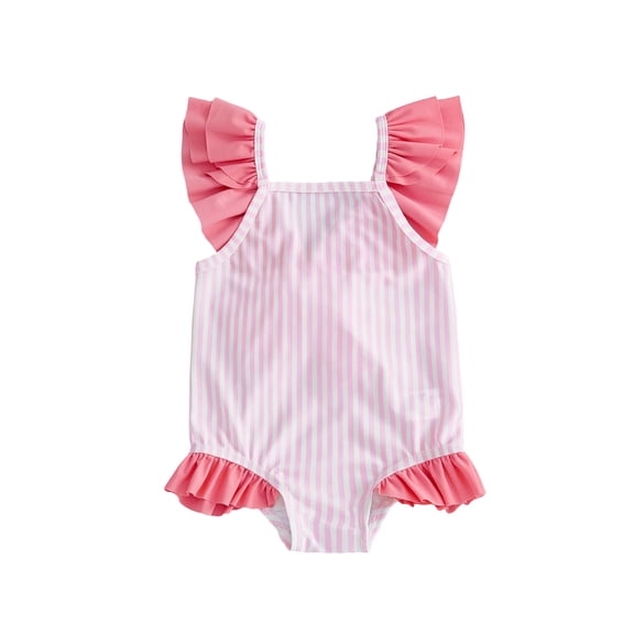 BemeyourBBs Cute Toddler Baby Girl Striped One Piece Swimsuit Infant Girl Bathing Suit Ruffle Flying Sleeve Square Neck Back Bow Swimwear Summer Pool Beachwear