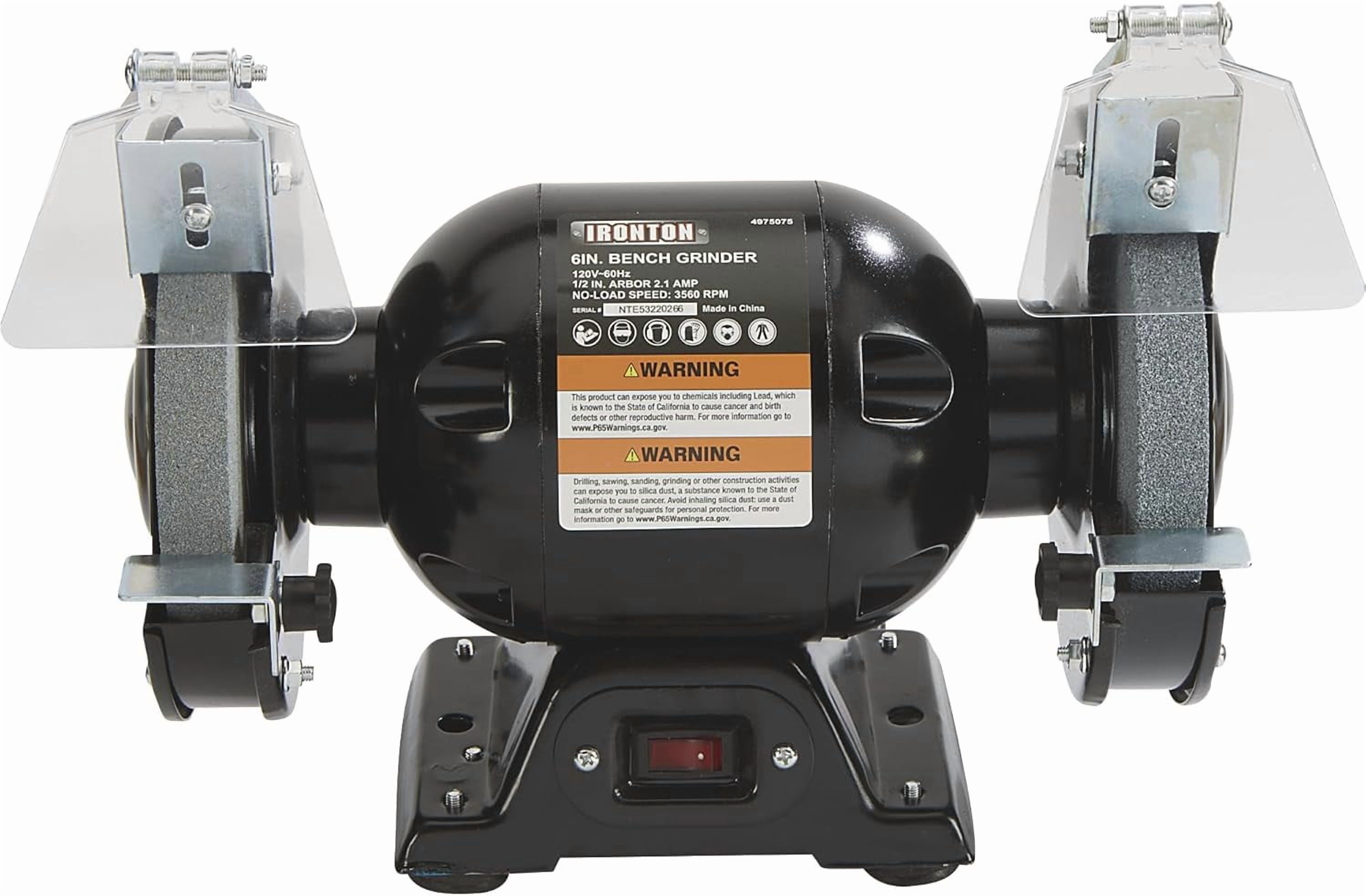 Ironton Benchtop Grinder, 6in. Wheels, 1/2 HP 2.1 Amp Motor, 3560 RPM, Model BG115-6L, for Grinding & Sharpening