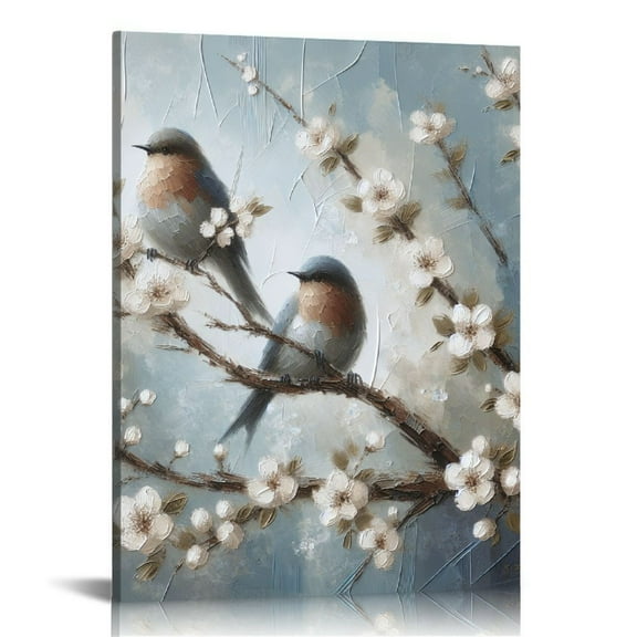 JRXY 1 Panel Birds White Flower Painting Teal Canvas Wall Art Blue Botanical Bird Artwork Framed Japanese Blue Wall Decor for Living Room Bedroom Bathroom 12x16 in