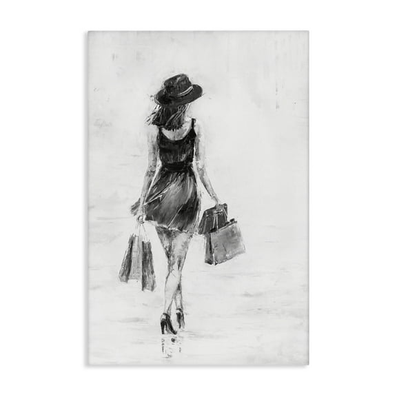 Stupell Industries Girl with Shopping Bags Novelty Painting Gallery Wrapped Canvas Art Print Wall Art, 16 x 24