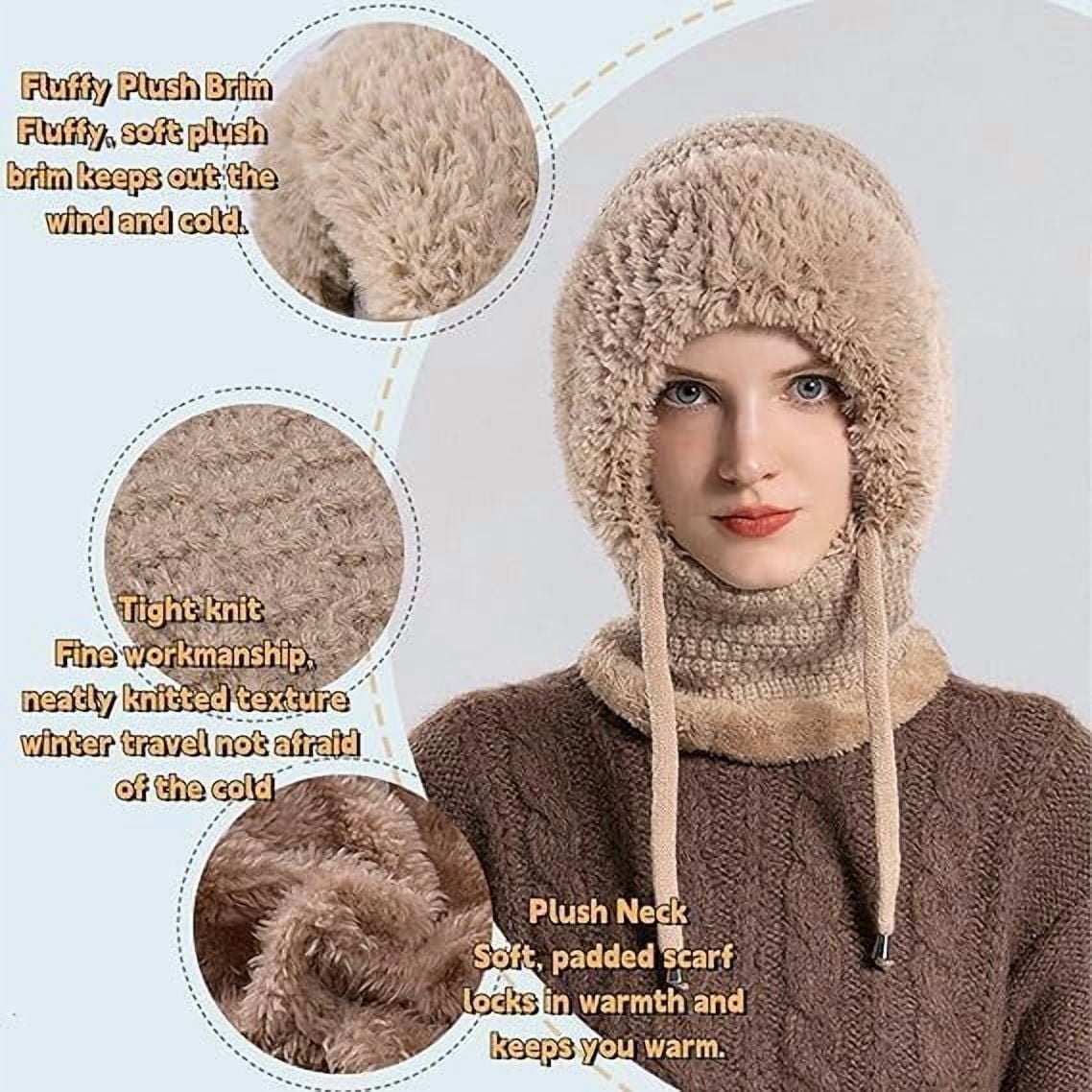 3-in-1 Beanie Hat for Women with Scarf and Mask - Winter Balaclava, Knitted Fleece-Lined Hat, Neck Gaiter & Face Cover for Cold Weather, Skiing, Hiking