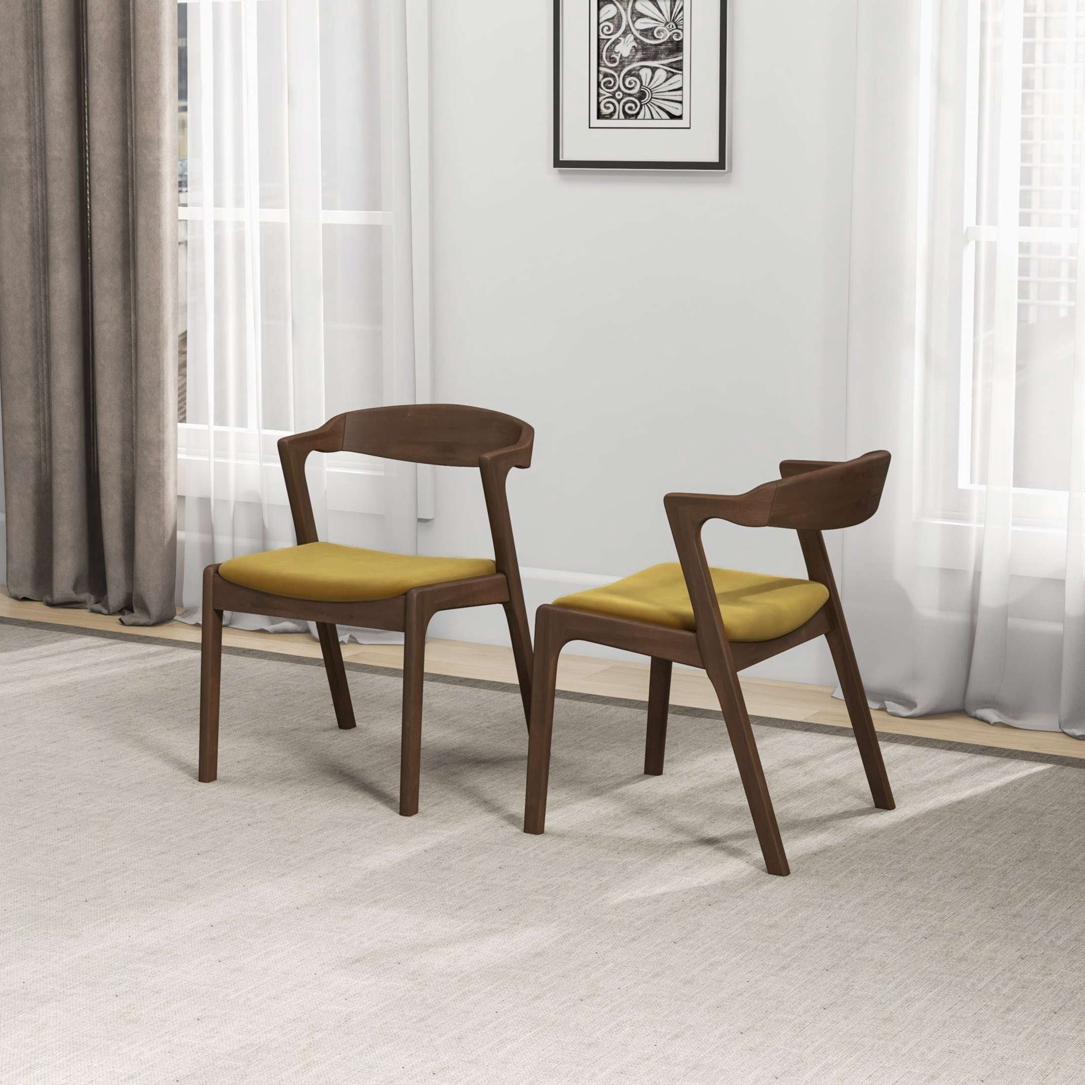 Noble House Nora Dakota Velvet Upholstered Dining Chair Set with Wood Frame, Set of 2, Dark Yellow and Dark Brown