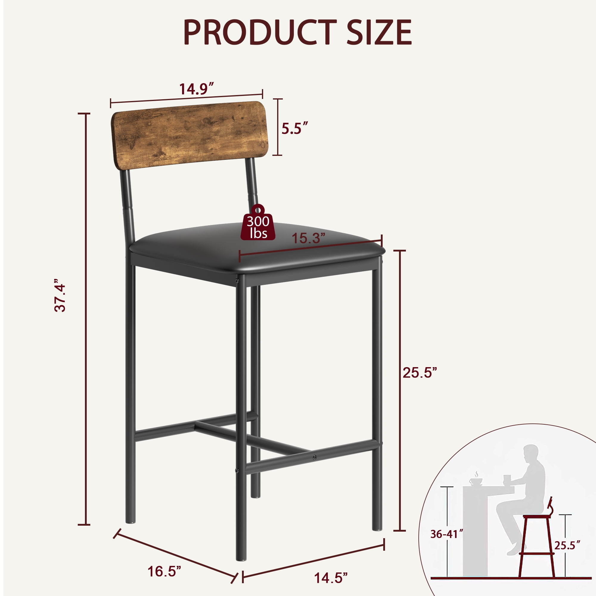 Bar Stools Set of 2, Upholstered Height Bar Stools with Backrest and Footrest, Kitchen Barstools for Island, Counter Bar, Easy Assembly, Rustic Brown