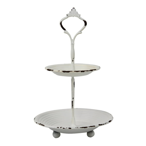 Bandeja Stonebriar pequeña de 2 niveles, metal blanco desgastado, decoración rústica