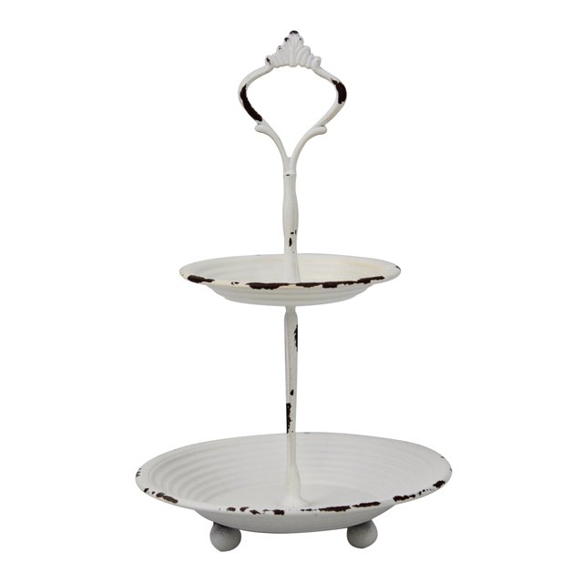 Bandeja Stonebriar pequeña de 2 niveles, metal blanco desgastado, decoración rústica