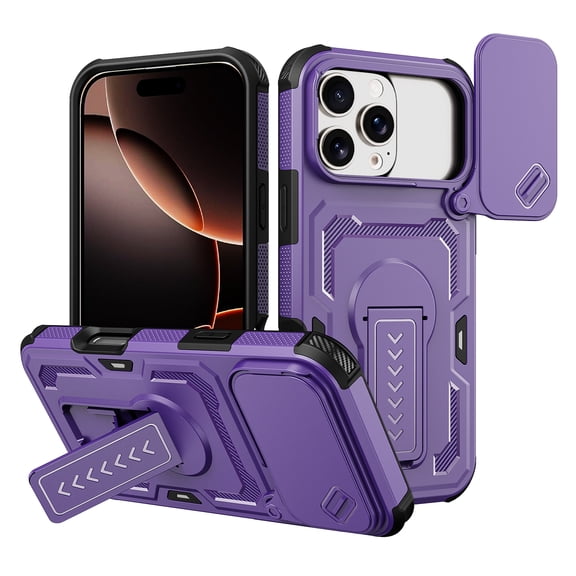 Case for iPhone 17 Pro Max, Hybrid TPU PC Protective Cover with Sliding Camera Cover, Kickstand Anti-Slip Hard Back, Drop Protection Phone Case for iPhone 17 Pro Max, Purple