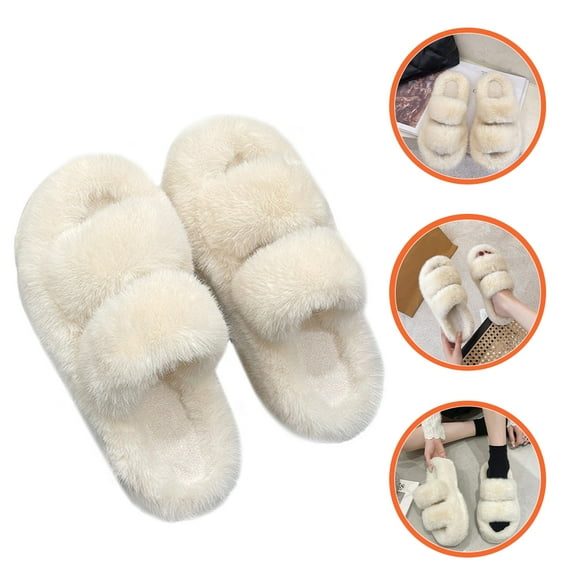 LOLIPPYY 1 Pair Women Cozy Furry Slippers Plush White Nonslip Indoor Use Winter