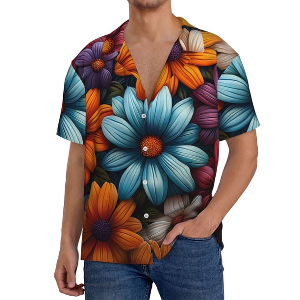 Balery Colorful Blooming Flowers Camisa Casual de Manga Corta con Botones para Hombre, Texturizada, Estilo Cubano, para Playa, Verano-Medium