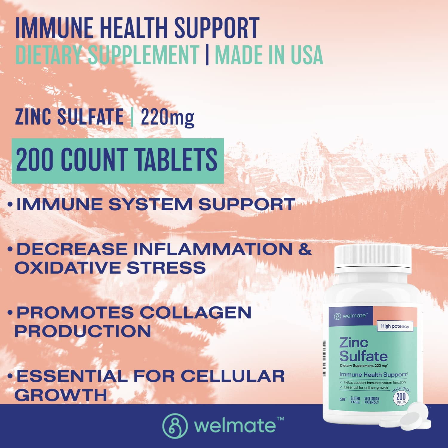 (2 pack) WELMATE Dietary Supplement, Zinc(as Zinc Sulfate) 50mg Immune Health Support - 200 Tablets