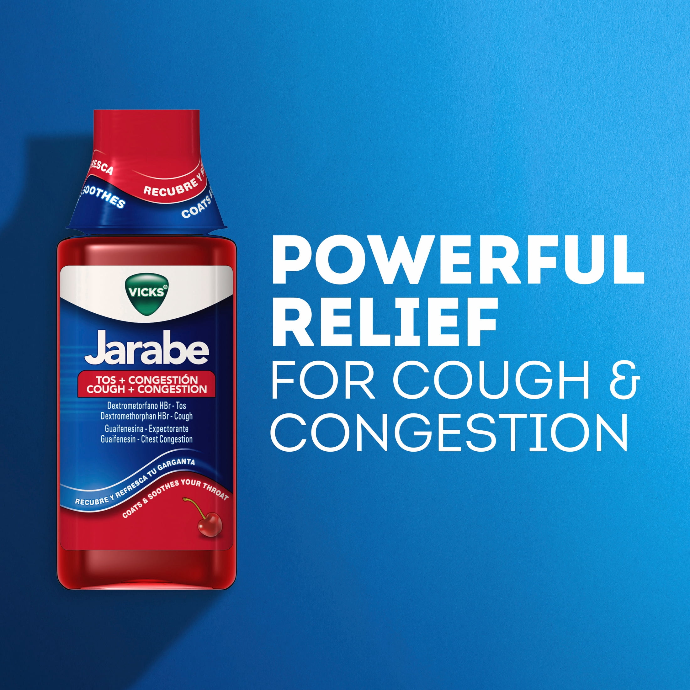 Vicks Jarabe Cough and Congestion Cold Liquid over-the-Counter Medicine, Cherry Flavor, 8 fl oz
