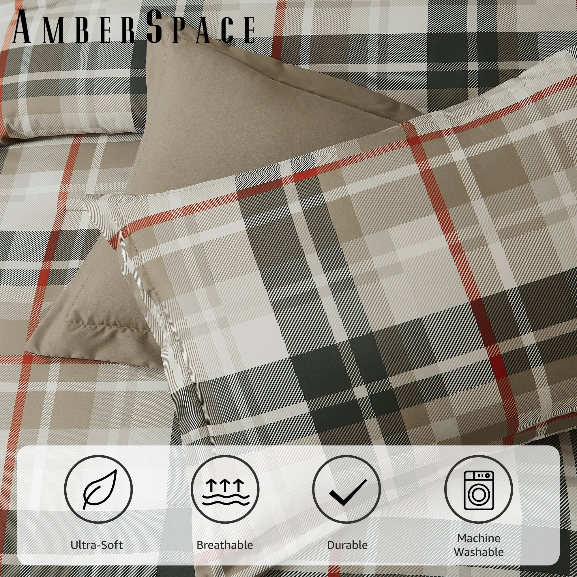 Amberspace Plaid Design 7-piece Bed in a Bag Comforter Set with Sheets,Khaki,Full