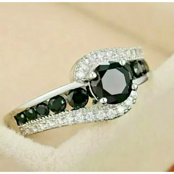 Round Cut Black Diamond 14K White Gold Plated Women's Engagement Ring