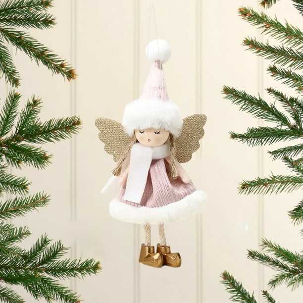 Decoraciones de muñecas colgantes navideñas - Muñeca Angel Girl de 7 pulgadas con alas para árbol, ventana o habitación - Adorno de tela azul, blanco o rosa