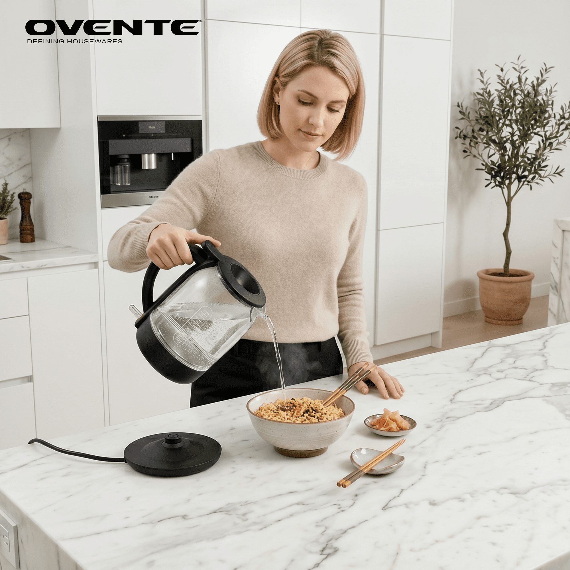 OVENTE Electric Kettle with 1.5L Borosilicate Glass, 1500W Fast Boiling Water Heater for Coffee or Tea, Easy to Fill Lid, Auto Shut-Off, Boil-Dry Protection & Stainless Steel Filter, Black KG516B