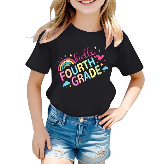 School Uniform Tshirts Girls Casual Letter Print Tee Short Sleeve Round Neck Top Girls Tshirts Black 3-4 Years