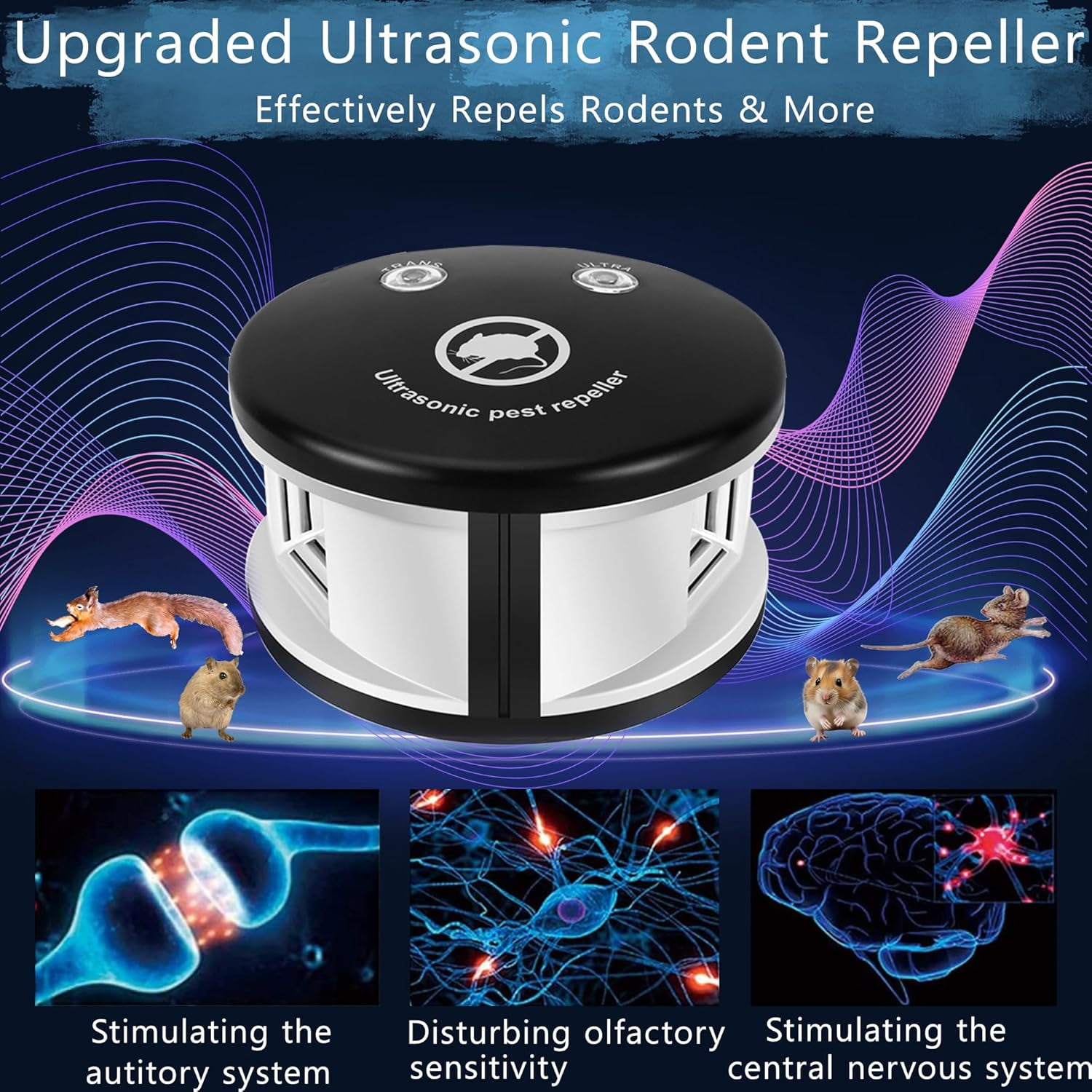 Mouse Repelent Ultrasonic Rodent Repeler Plug in Indoor, 360° Ultrasonic Rodent Repelent,3 Mode Switch with Pressure Wave, Squirrel Repelent Mice Deterrent for House Garage Warehouse RV
