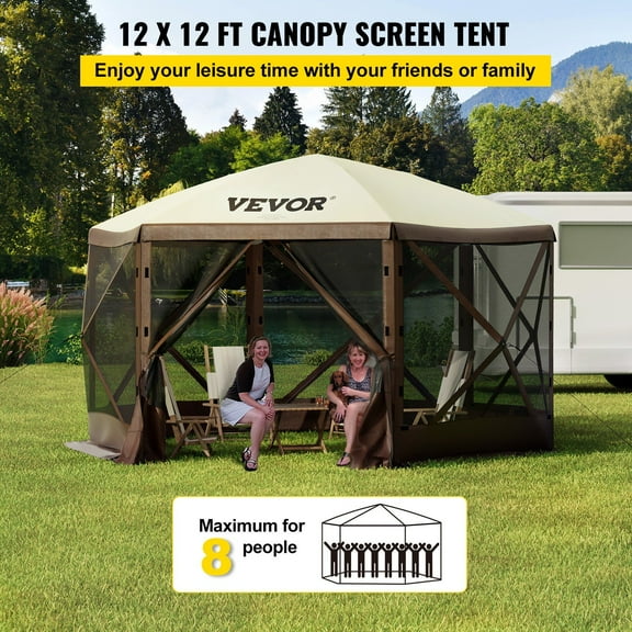 Quick Setup 12x12 Foot Gazebo Tent, 6-Sided Canopy with Mesh Screens & Carry Bag – Sun Shade Shelter for Outdoor Events, Backyard, Picnic (Beige/Brown)