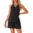 thumbnail image 1 of Conjuntos de lounge de 2 piezas INSPIRE CHIC para mujer, pijama con halter, top de cuello en V y pantalones cortos con bolsillos, atuendos sin mangas de verano, XS negro, 1 of 5