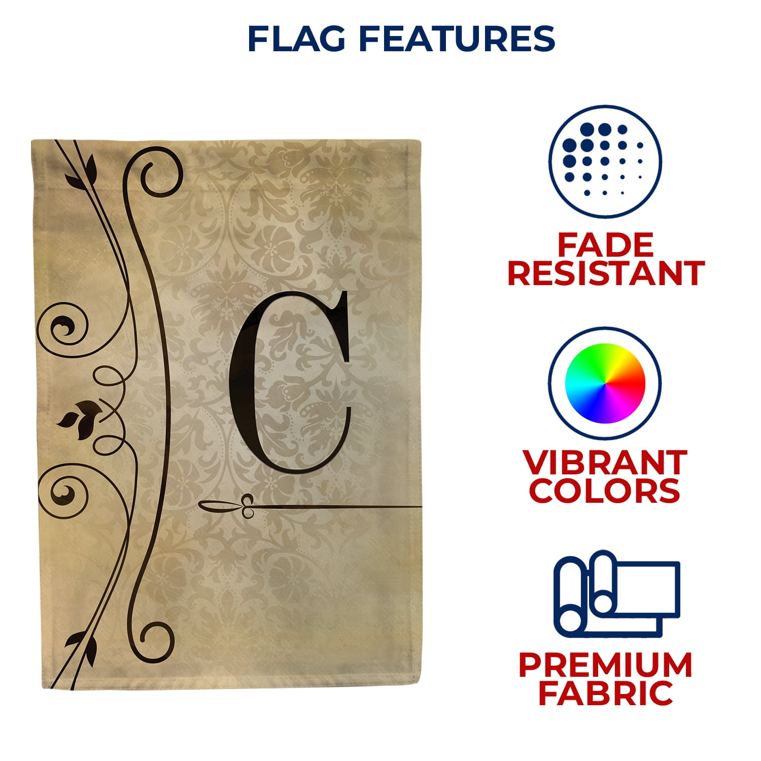 America Forever Fancy Scroll Monogram C House Flag, 28 x 40 inch Double Sided, Elegant Letter C Flag, Decorative Scroll Design, Personalized Initial Yard Art, Housewarming Gift