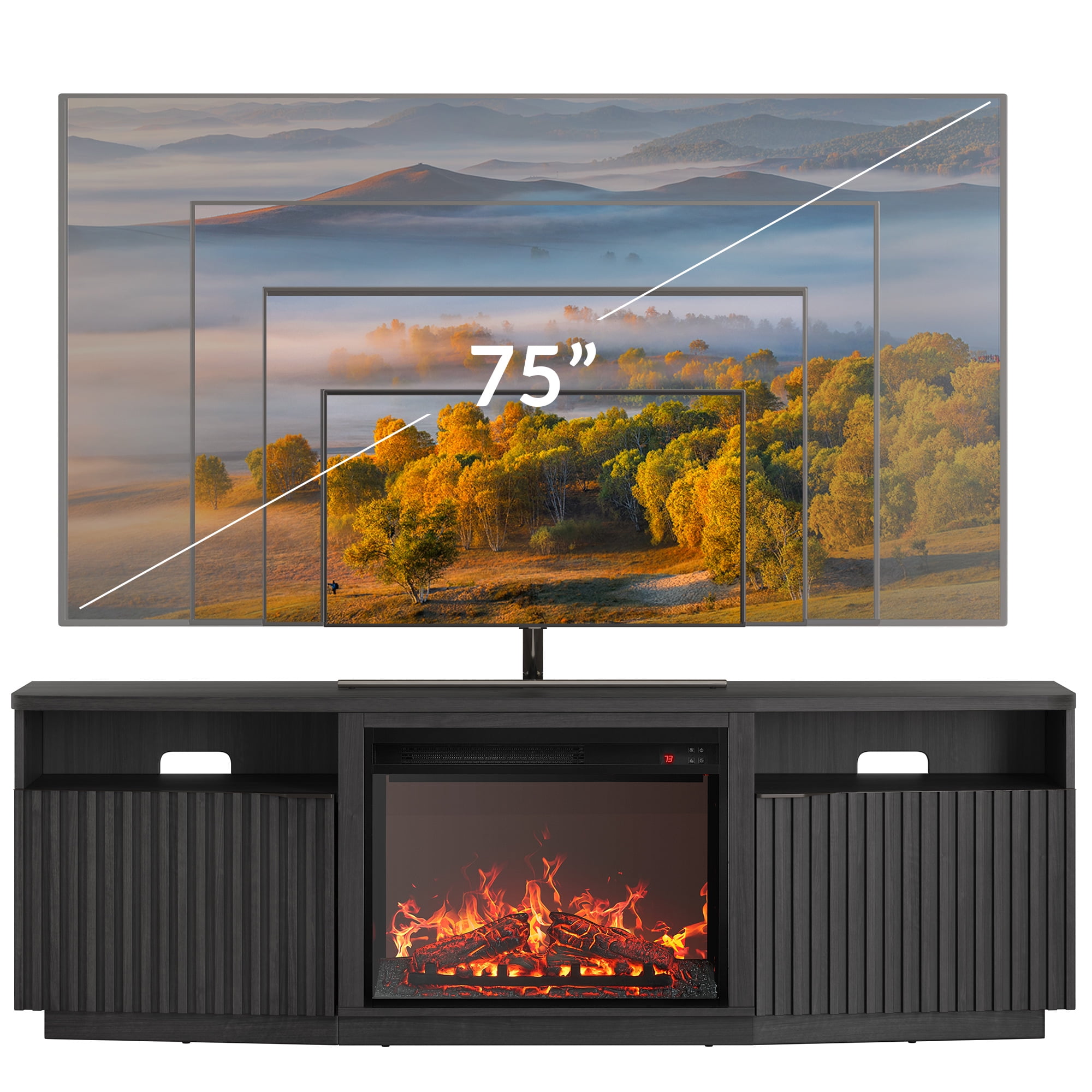 BELLEZE TV Stand with 23" Electric Fireplace Heater, 68" Entertainment Center for TV Up to 75", Media Console Table with Cable Management for Living Room, Bedroom - Ebony
