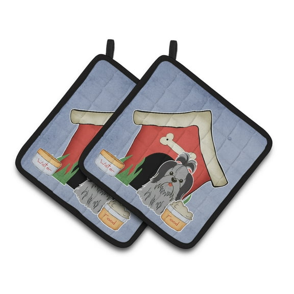 Caroline's Treasures BB2843PTHD Dog House Collection Shih Tzu Black Silver Pair of Pot Holders , 7.5HX7.5W, multicolor